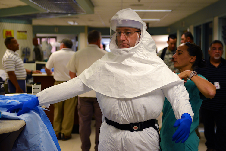 October 24, 2014: students prepare for Ebola response training, San Antonio Military Medical Center, Texas. U.S. 
Credit DoD, Army Sgt. 1st Class Tyrone C. Marshall, Jr.