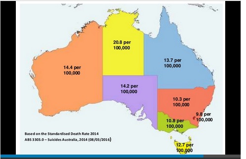 Map showing variation in suicide death rates, from Hunter Institute of Mental Health