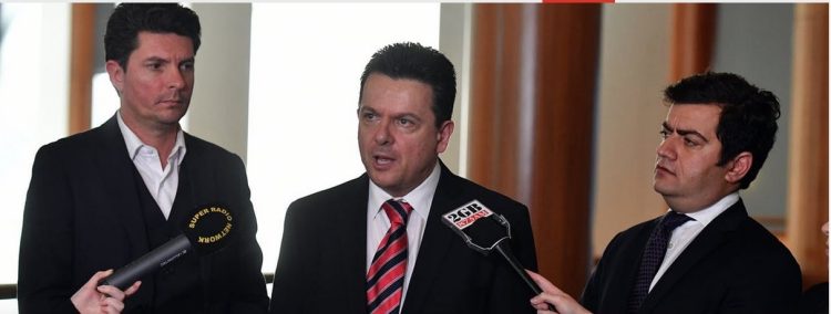 Courtesy of The Conversation: Former senators Scott Ludlam, Nick Xenophon and Sam Dastyari announce the public interest journalism inquiry in May 2017. Mick Tsikas/AAP