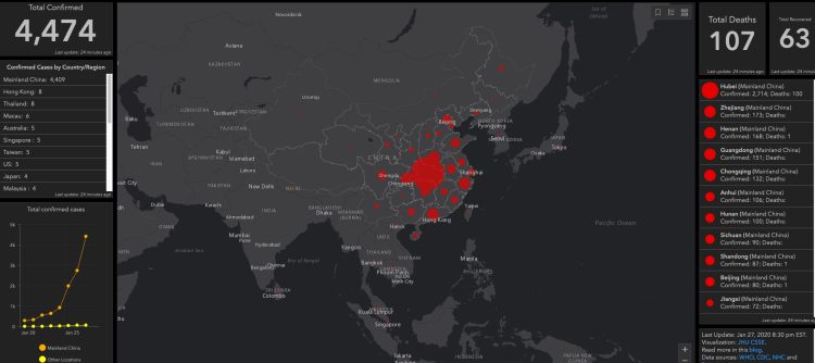 Image taken from real-time online mapping of the outbreak, by John Hopkins University  Center for Systems Science and Engineering. At 6.44pm AEST, 28 January, 2020