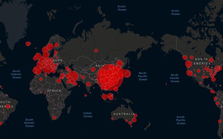 Image taken from real-time online mapping of the outbreak, by John Hopkins University Center for Systems Science and Engineering.