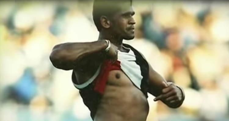 Screenshot from Living Black program on AFL great Nicky Winmar, a Noongar man, in response to racist abuse during a St Kilda-Collingwood match in 1993