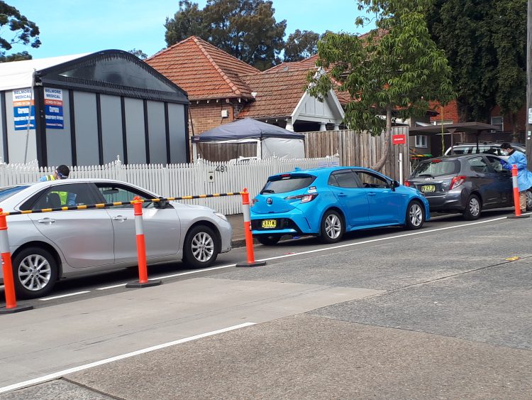 Cars queued for testing outside the Belmore Respiratory Clinic in Canterbury Bankstown Photo credit: Cate Carrigan