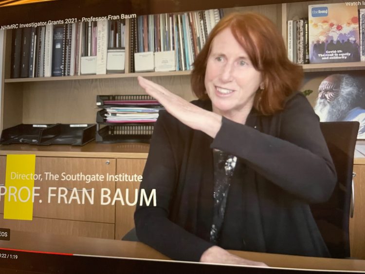 Image from Flinders University video celebrating Professor Fran Baum's grant success