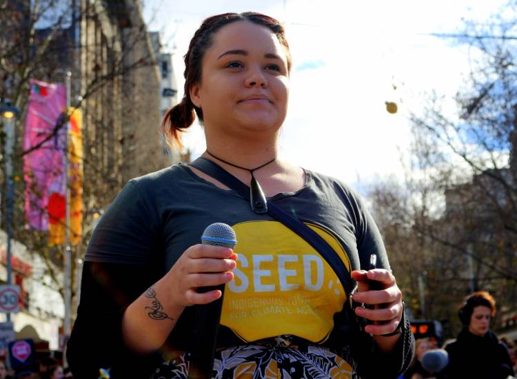 Angel Owen at a Power Shift rally in Melbourne with Seed and the Australian Youth Climate Coalition in 2018. Photo supplied by Seed.