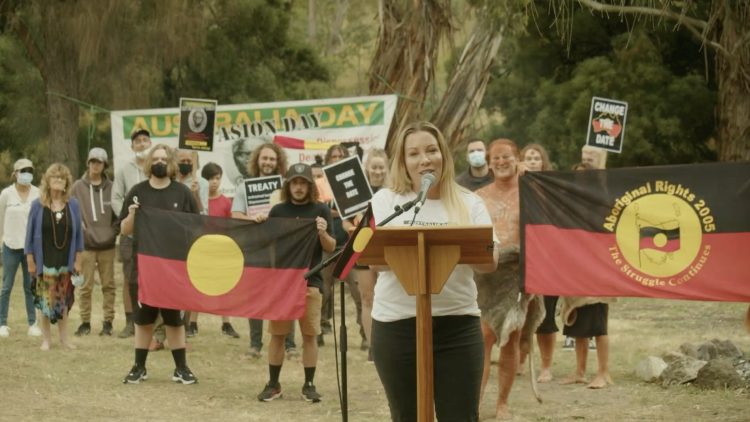 Nala Mansell speaking at an online Invasion Day rally in lutruwita, 2022