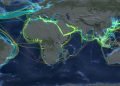 Still from an animation of spread of global submarine cable network between 1989 and 2023.