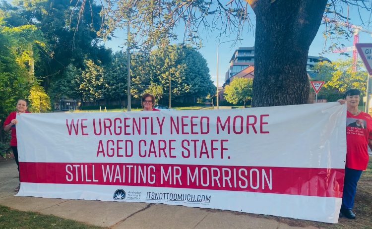 Nurses and aged care workers rally in Canberra on 8 February. Photo courtesy of ANMF tweet.