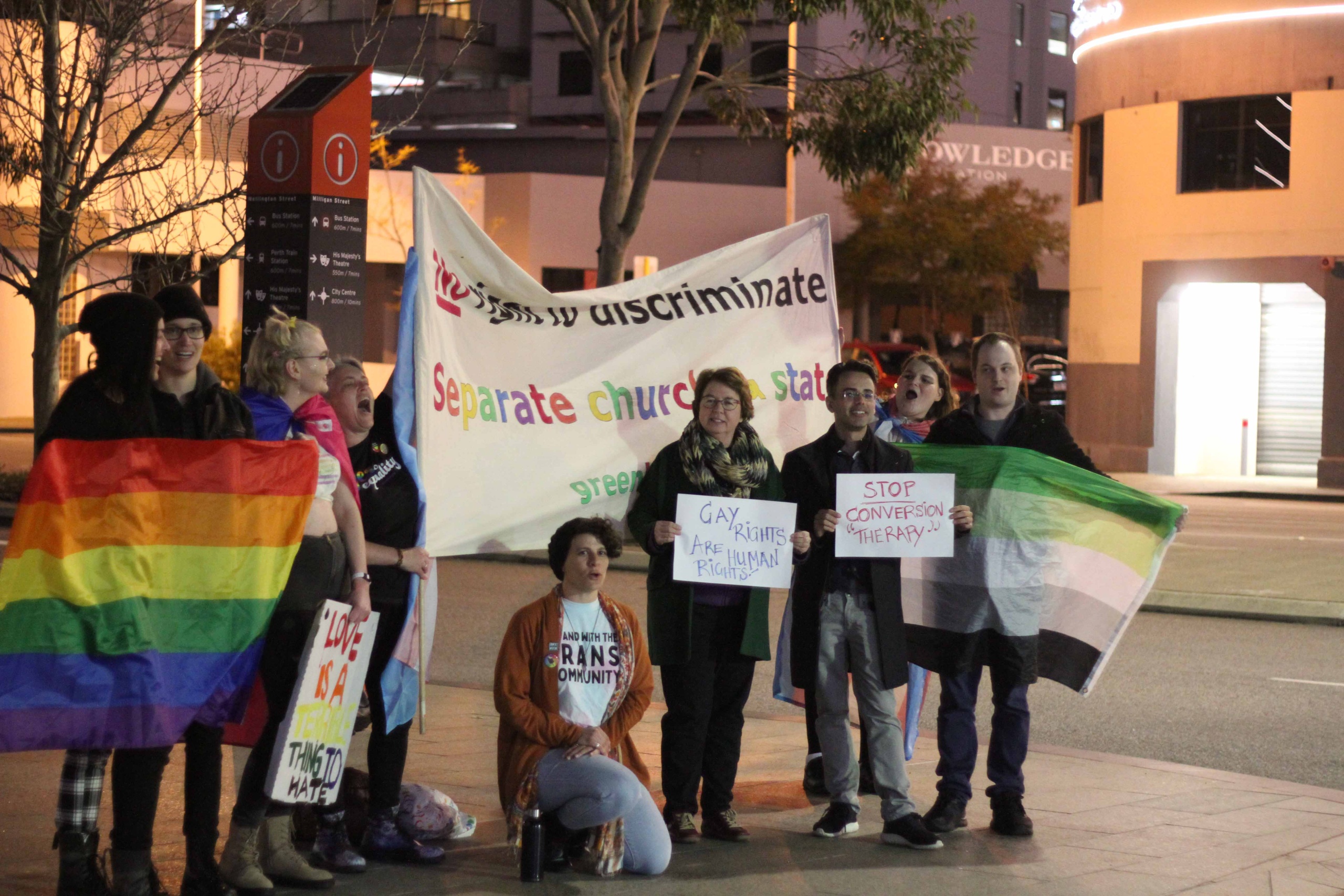 LGBTIQA+ rights activists protest queer conversion practices/therapy in Perth, Australia.