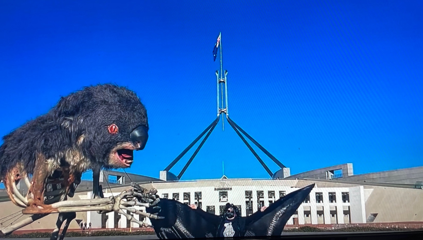 Blinky and the Extinction Rebellion protest outside Parliament House, 27 July 2022. Photo courtesy, @beltownsend