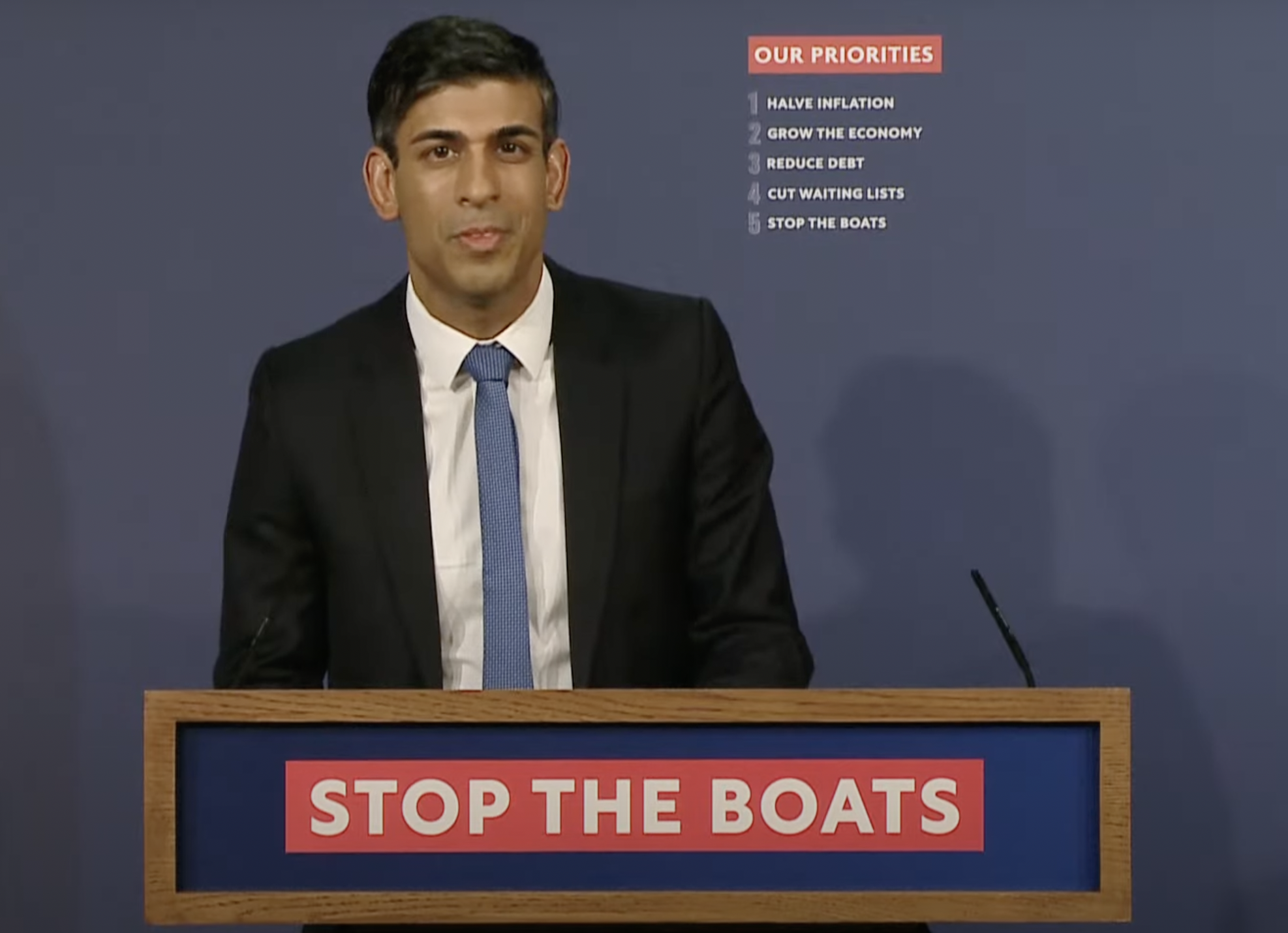 Screenshot of UK Prime Minister Rishi Sunak's announcement of the Stop the Boats legislation