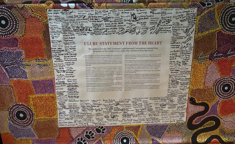 Pledging support to the Uluru Statement from the Heart. A representation of the Uluru Statement. Display at a community meeting in lutruwita/Tasmania just before the referendum.
