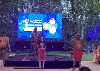 Uncle Lyndon Davis and his dancers from the Kabbi Kabbi People open IAHA 2023 with a Welcome to Country. Image Danielle Manton